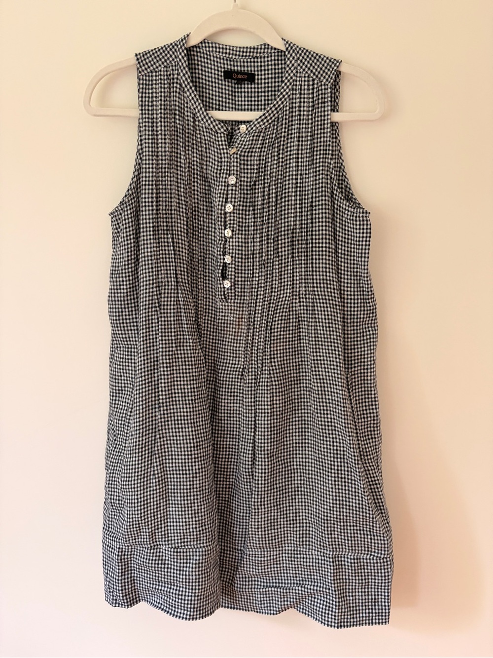 Quince Linen Black and White Gingham Sleeveless Button-Front Swing Dress